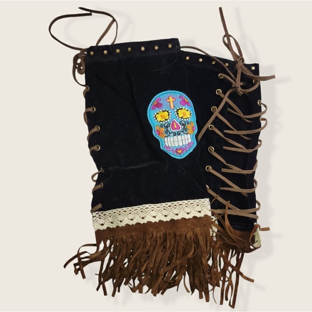 NWT Sugar Skull Women's Black Western Cowboy Fringe‎ Boot Covers  Adjustable - Picture 2 of 6